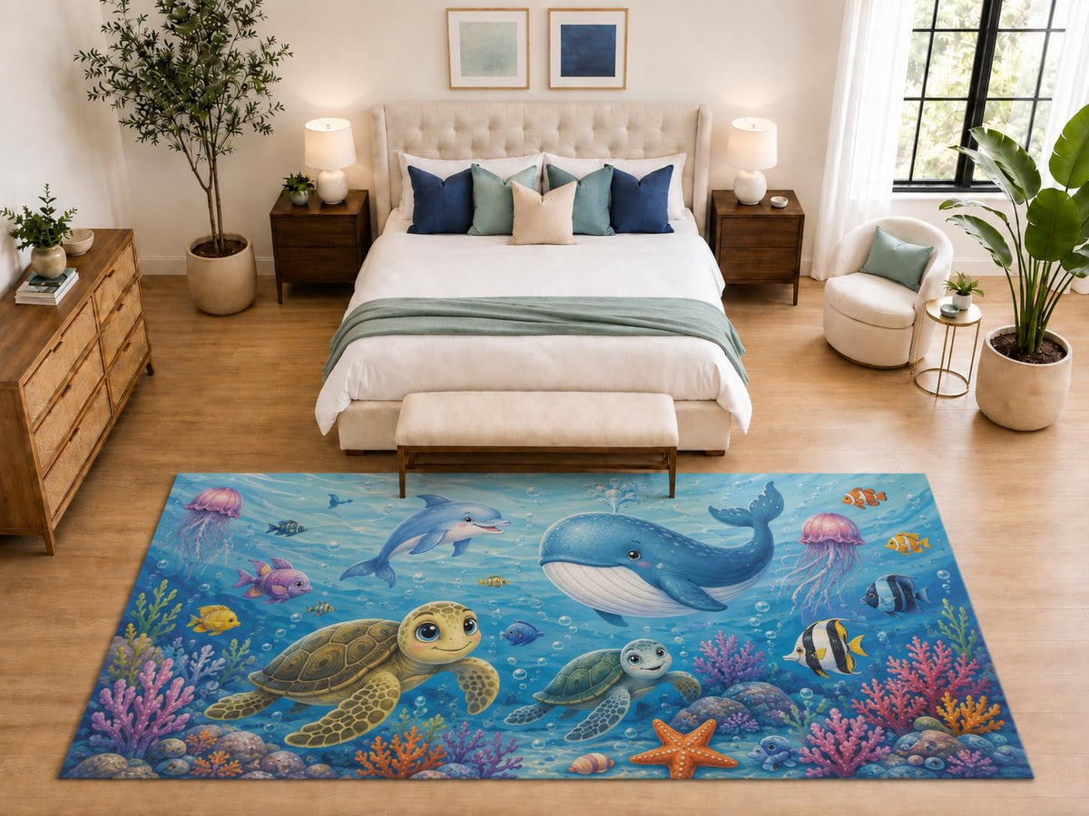 ICE ARMOR "Ultra Light Weight Large 6'7" x 9'10" Cute Whale Turtle Ocean Area Rug for Playroom, Soft Low Pile Indoor Rug and Non-Slip Silicone Backing, Light Blue