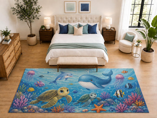 ICE ARMOR "Ultra Light Weight Large 6'7" x 9'10" Cute Whale Turtle Ocean Area Rug for Playroom, Soft Low Pile Indoor Rug and Non-Slip Silicone Backing, Light Blue