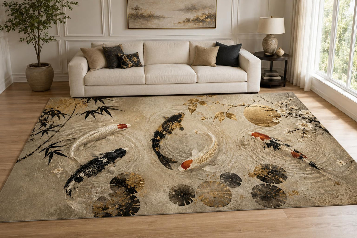 ICE ARMOR "Ultra Lightweight Large 6'7" x 9'10" Japanese Koi Garden Area Rug for Living Room, Bedroom and Home Office, Soft Low Pile Carpet with Non-Slip Silicone Backing, Beige and Black
