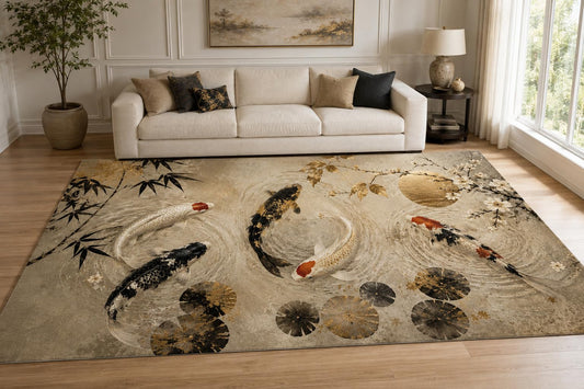 ICE ARMOR "Ultra Lightweight Large 6'7" x 9'10" Japanese Koi Garden Area Rug for Living Room, Bedroom and Home Office, Soft Low Pile Carpet with Non-Slip Silicone Backing, Beige and Black
