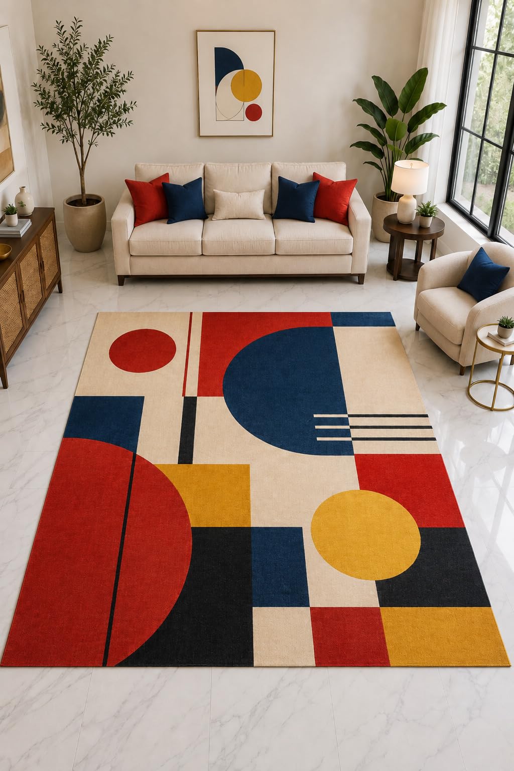 ICE ARMOR "Ultra Light Weight Large 6'7" x 9'10" Bauhaus Color Block Rug, Soft Low Pile Indoor Rug, Non-Slip Silicone Backing for Living Room Red