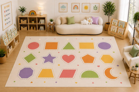 ICE ARMOR Large 6'7" x 9'10" Colorful Geometric Shapes Learning Area Rug for for Kids Room, Classroom, Bedroom, Playroom Decor, Soft Low Pile Indoor Rug with Non-Slip Silicone Backing, Pastel Cream