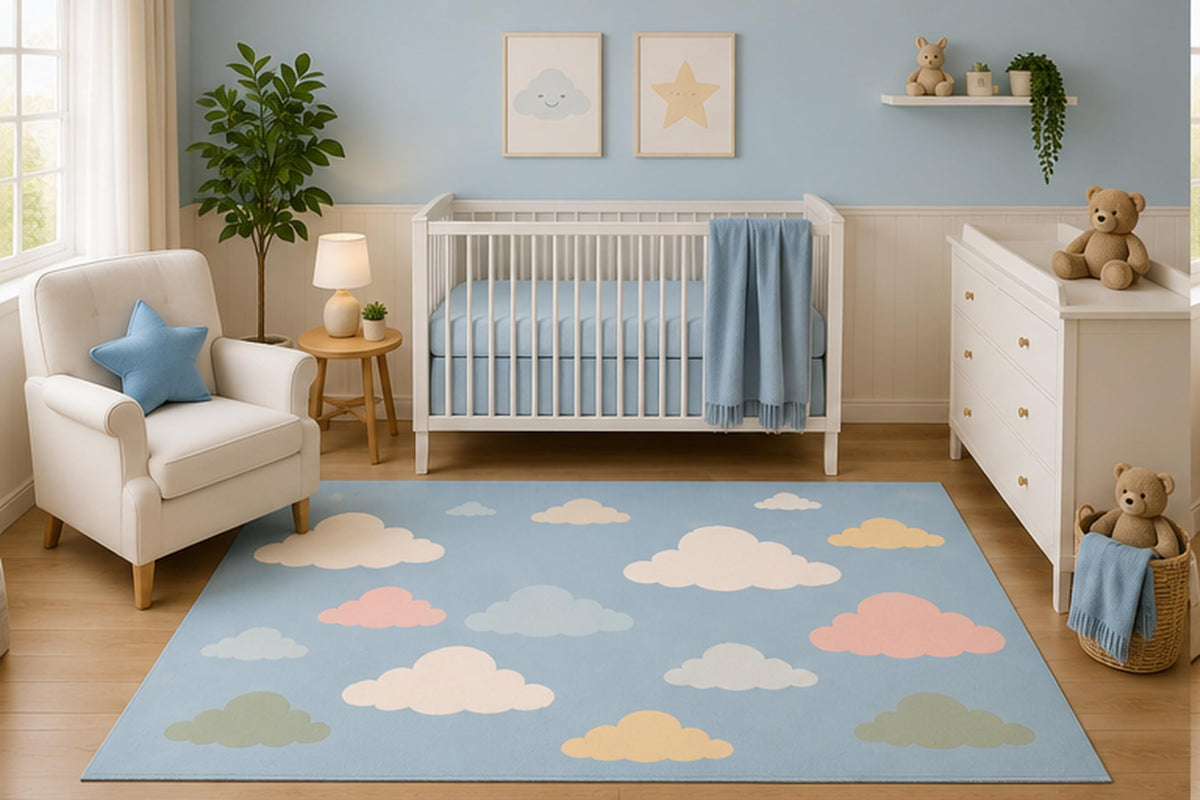 ICE ARMOR 5' x 7' Minimalist Pastel Cloud Area Rug for Nursery Room, Soft Blue Pink White Sky Design for Baby Bedroom Playroom Decor, Non-Slip Silicone Backing Low Pile