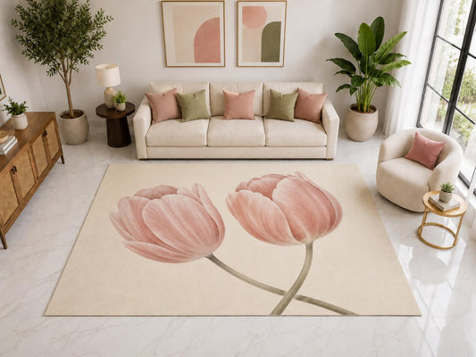 ICE ARMOR "Ultra Light Weight Large 6'7" x 9'10" Two Tulips Floral Rug, Soft Low Pile Indoor Rug, Non-Slip Silicone Backing for Living Room Pink