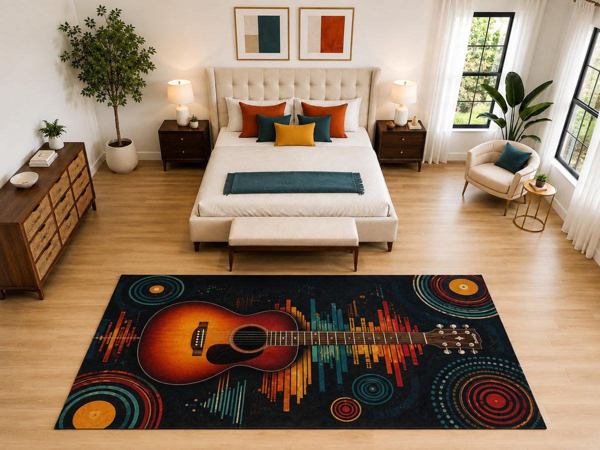 ICE ARMOR "Ultra Light Weight Large 6'7" x 9'10" Acoustic Guitar Music Rug, Soft Low Pile Indoor Rug, Non-Slip Silicone Backing for Bedroom Black