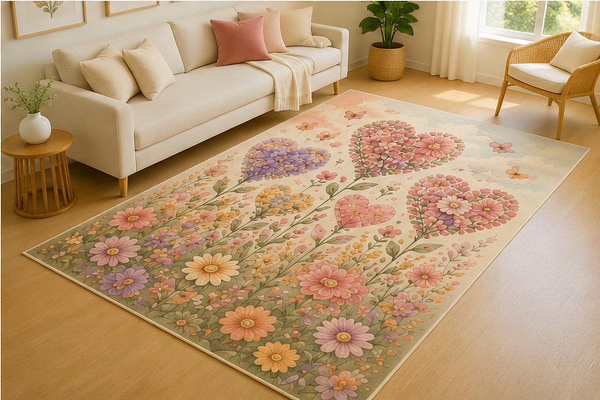 ICE ARMOR 5' x 7' Wildflower Heart Garden Area Rug for Living Room, Soft Low Pile Indoor Rug with Non-Slip Silicone Backing, Decorative Carpet for Bedroom, Nursery, Kids Room, Kids & Pets, Cream