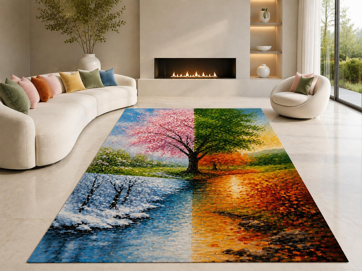 ICE ARMOR "Ultra Lightweight Large 6'7" x 9'10" Four Seasons Tree Area Rug for Living Room, Bedroom and Home Office, Soft Low Pile Carpet with Non-Slip Silicone Backing, Blue and Orange