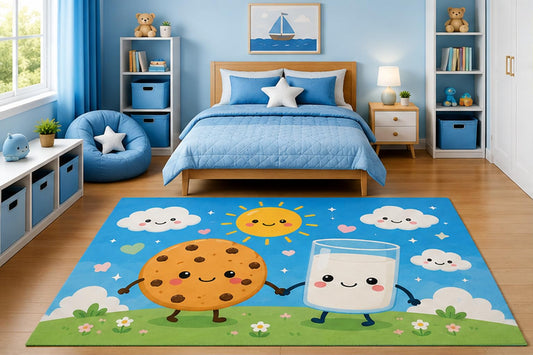 ICE ARMOR 5' x 7' Cute Cookies and Milk Area Rug for Kids Bedroom Nursery Playroom Scandinavian Minimalist Kawaii Dessert Decor Non-Slip Silicone Backing Low Pile