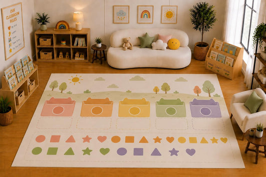 ICE ARMOR Large 6'7" x 9'10" Color and Shape Sorting Area Rug for for Kids Room, Classroom, Bedroom, Playroom Decor, Soft Low Pile Indoor Rug with Non-Slip Silicone Backing, Pastel Multicolor