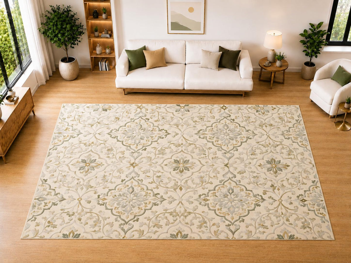 ICE ARMOR "Ultra Light Weight Large 6'7" x 9'10" Soft Neutral Damask Area Rug for Living Room, Bedroom, Dining Room, Soft Low Pile Non-Slip Backing, Ivory Sage Beige