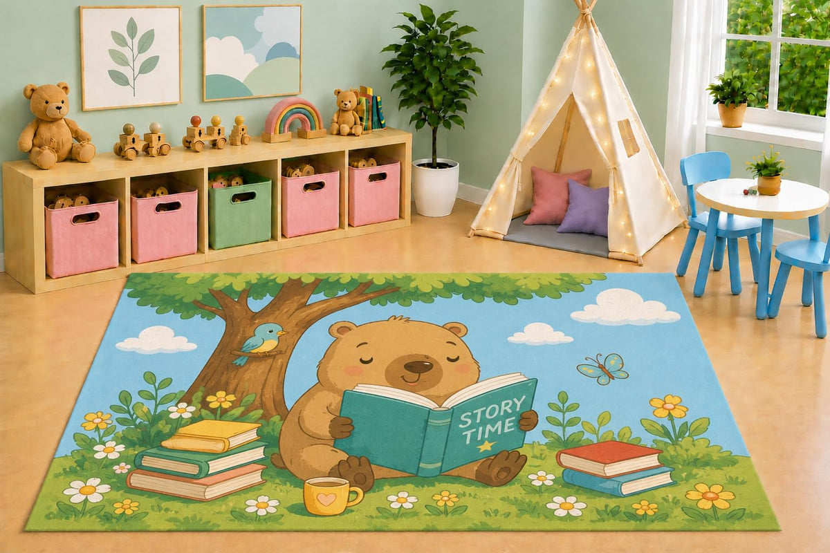 ICE ARMOR 5' x 7' Reading Capybara Area Rug, Woodland Story Time Forest Books Nature Cartoon Kids Playroom Nursery Bedroom Decor, Non-Slip Silicone Backing Low Pile