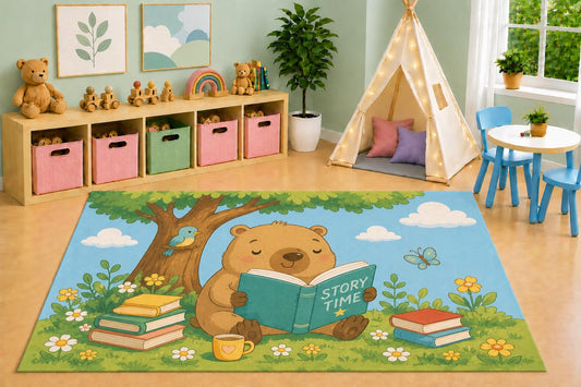 ICE ARMOR 5' x 7' Reading Capybara Area Rug, Woodland Story Time Forest Books Nature Cartoon Kids Playroom Nursery Bedroom Decor, Non-Slip Silicone Backing Low Pile