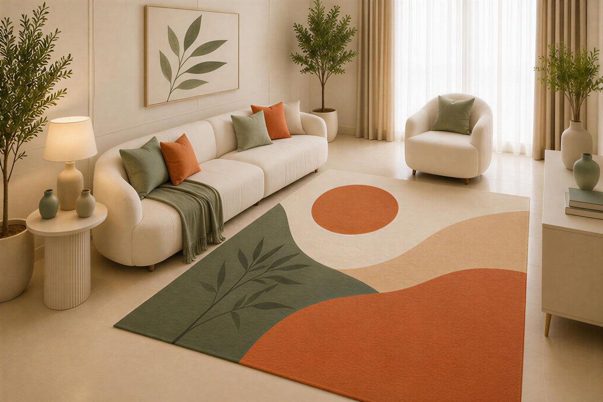 ICE ARMOR 5' x 7' Minimalist Botanical Area Rug, Terracotta Sage Green Modern Leaf Design for Living Room Bedroom Office, Non-Slip Silicone Backing, Low Pile Carpet