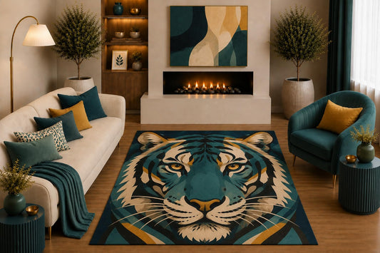 ICE ARMOR "Ultra Light Weight 5' x 7' Teal Tiger Face Area Rug Modern Geometric Wildlife Art for Living Room Bedroom Office Jungle Decor Non-Slip Silicone Backing Low Pile