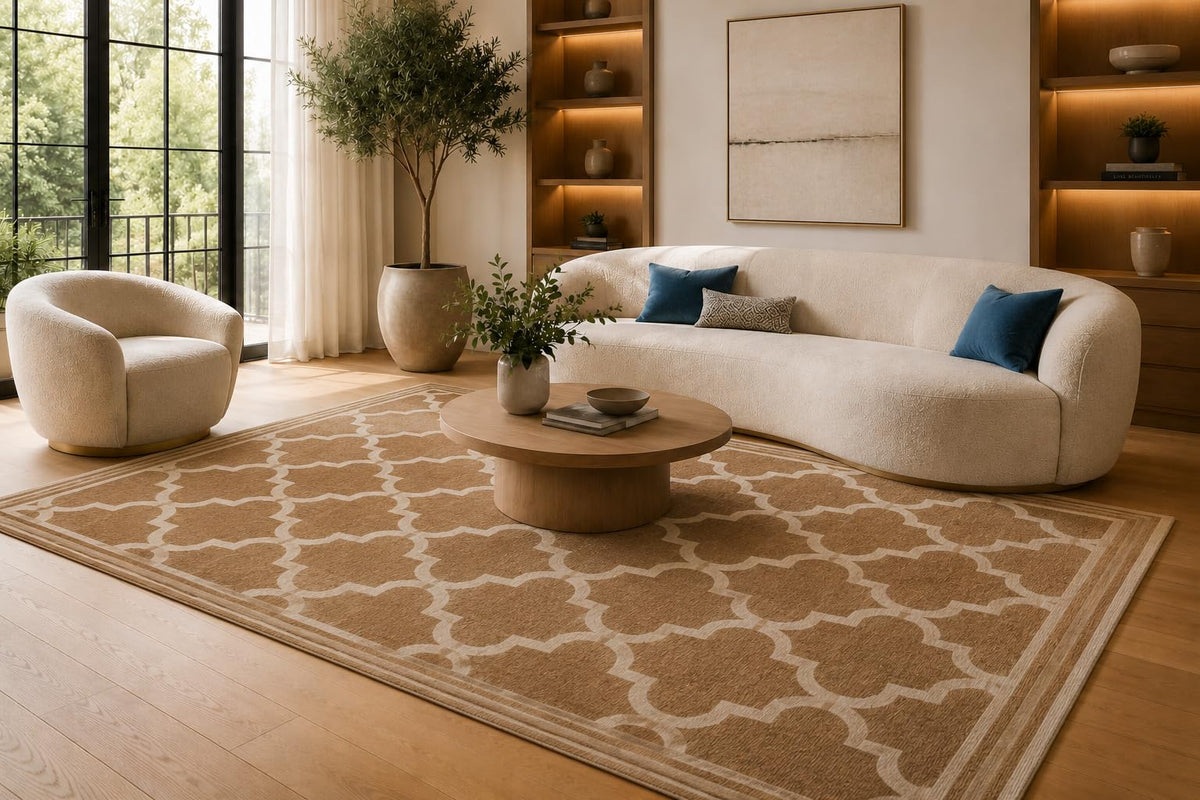 ICE ARMOR 6'7" x 9'10" Beige and Cream Quatrefoil Pattern Area Rug for Living Room, Soft Low Pile Carpet with Non-Slip Silicone Backing, Floor Decor for Bedroom, Dining Area and Home Office