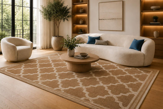ICE ARMOR 6'7" x 9'10" Beige and Cream Quatrefoil Pattern Area Rug for Living Room, Soft Low Pile Carpet with Non-Slip Silicone Backing, Floor Decor for Bedroom, Dining Area and Home Office