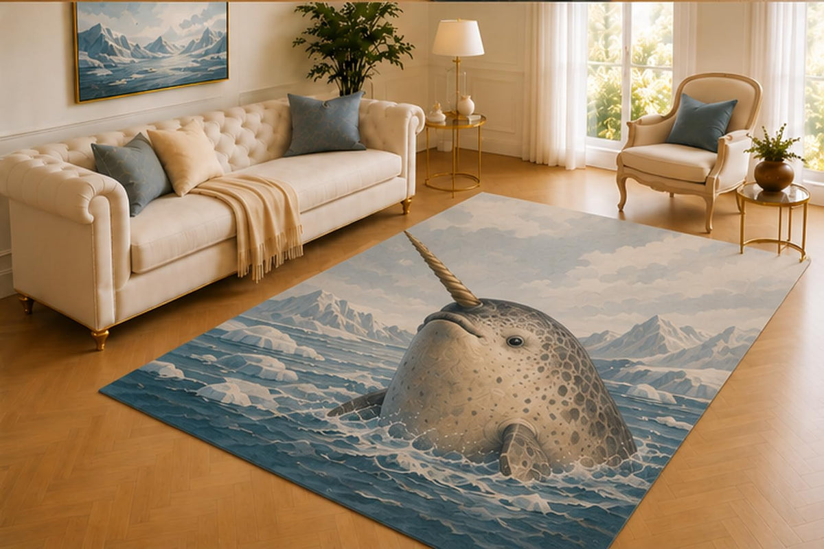 ICE ARMOR 5' x 7' Narwhal Rug, Arctic Whale with Spiral Tusk and ICY Ocean Scene, Smooth Printed Floor Cover for Living Room, Bedroom, Nursery and Coastal Decor