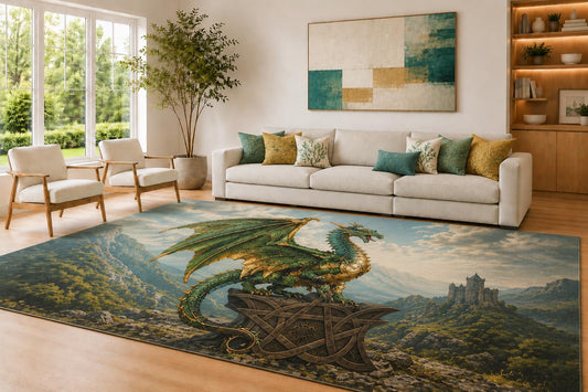 ICE ARMOR Large 6'7" x 9'10" Emerald Green and Golden Color Castle Dragon Area Rug for Living Room, Soft Low Pile Carpet with Non-Slip Silicone Backing, Decor for Bedroom and Home Office