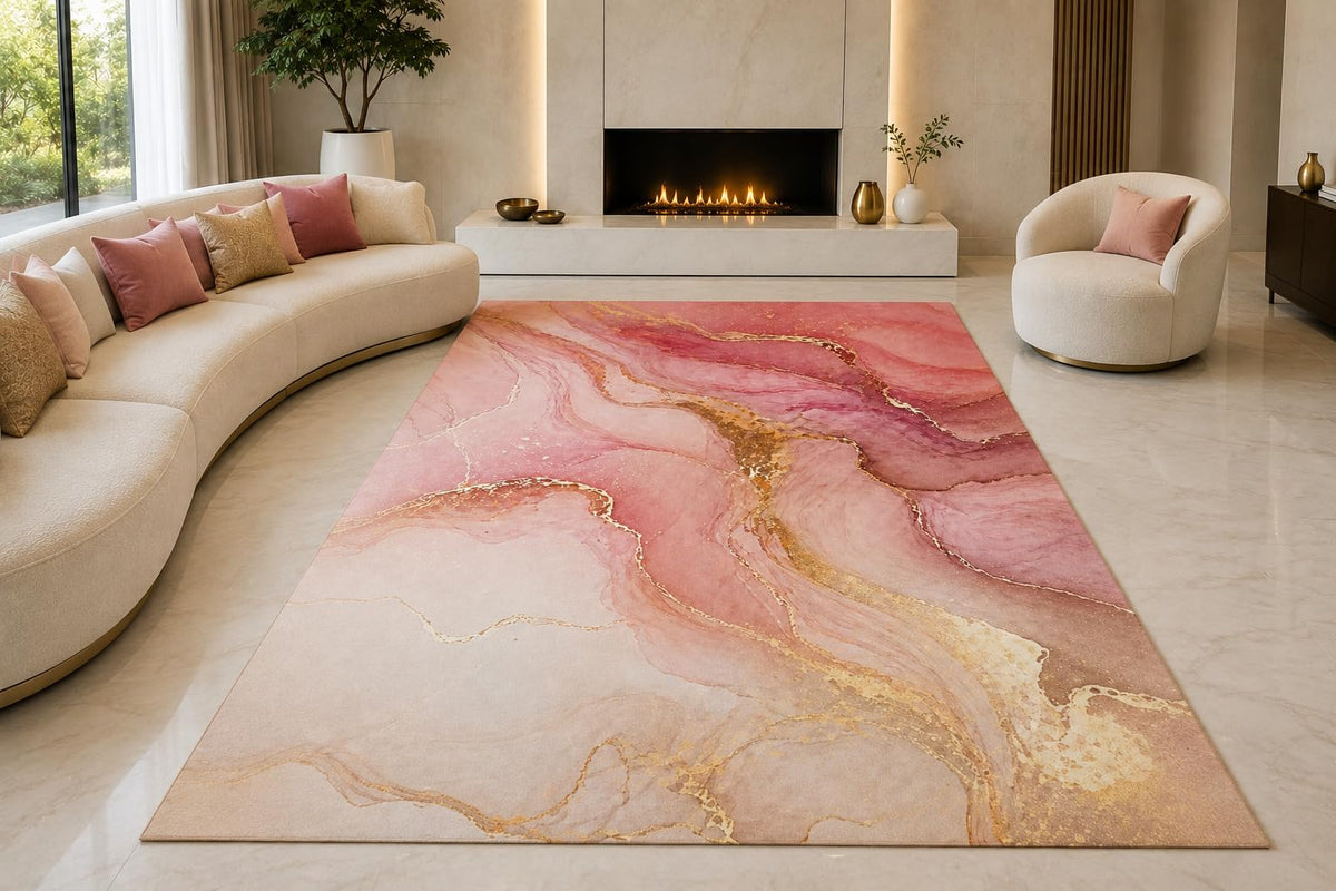 ICE ARMOR "Ultra Lightweight Large 6'7" x 9'10" Marble Waves Area Rug for Living Room, Bedroom and Home Office, Soft Low Pile Carpet with Non-Slip Silicone Backing, Pink and Golden Color