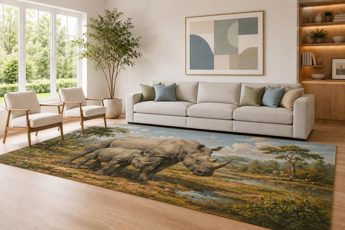 ICE ARMOR Large 6'7" x 9'10" Blue and Brown Rhino Family Area Rug for Living Room, Soft Low Pile Carpet with Non-Slip Silicone Backing, Decor for Bedroom Dining Room and Home Office