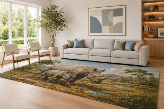 ICE ARMOR Large 6'7" x 9'10" Blue and Brown Rhino Family Area Rug for Living Room, Soft Low Pile Carpet with Non-Slip Silicone Backing, Decor for Bedroom Dining Room and Home Office