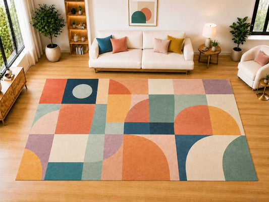ICE ARMOR "Ultra Light Weight Large 6'7 x 9'10 Mid Century Geometric Blocks Area Rug for Living Room, Dining Room, and Bedroom, Soft Low Pile Indoor Rug, Stylish Floor Decor