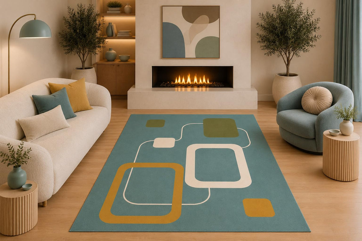 ICE ARMOR 5' x 7' Mid Century Modern Geometric Area Rug Teal Blue Mustard Olive Abstract Squares for Living Room Bedroom Office Non-Slip Silicone Backing Low Pile