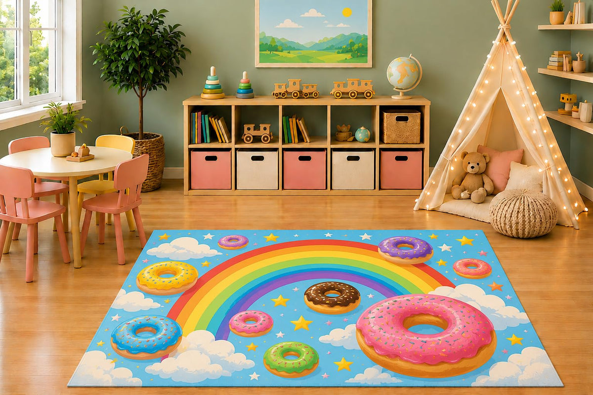 ICE ARMOR 5' x 7' Rainbow Donuts Area Rug, Cute Cartoon Sprinkles Doughnuts Clouds Stars Sweet Dessert Kids Playroom Nursery Bedroom Decor, Non-Slip Silicone Backing Low Pile