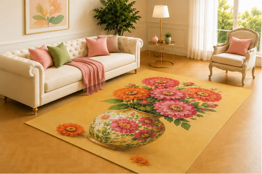 ICE ARMOR 5' x 7' Zinnia Pot Rug, Coral, Pink and Orange Blooms on Mustard Yellow, Cheerful Retro Decor for Living Room, Bedroom, Sunroom or Creative Studio