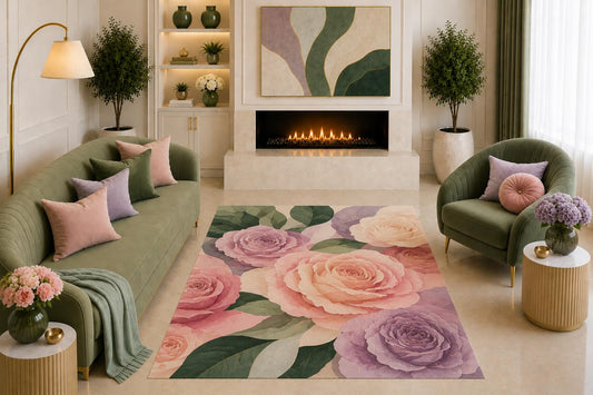 ICE ARMOR "Ultra Light Weight 5' x 7' Rose Garden Area Rug Romantic Botanical Floral Art Pink Purple Green for Living Room Bedroom Dining Room Non-Slip Silicone Backing Low Pile