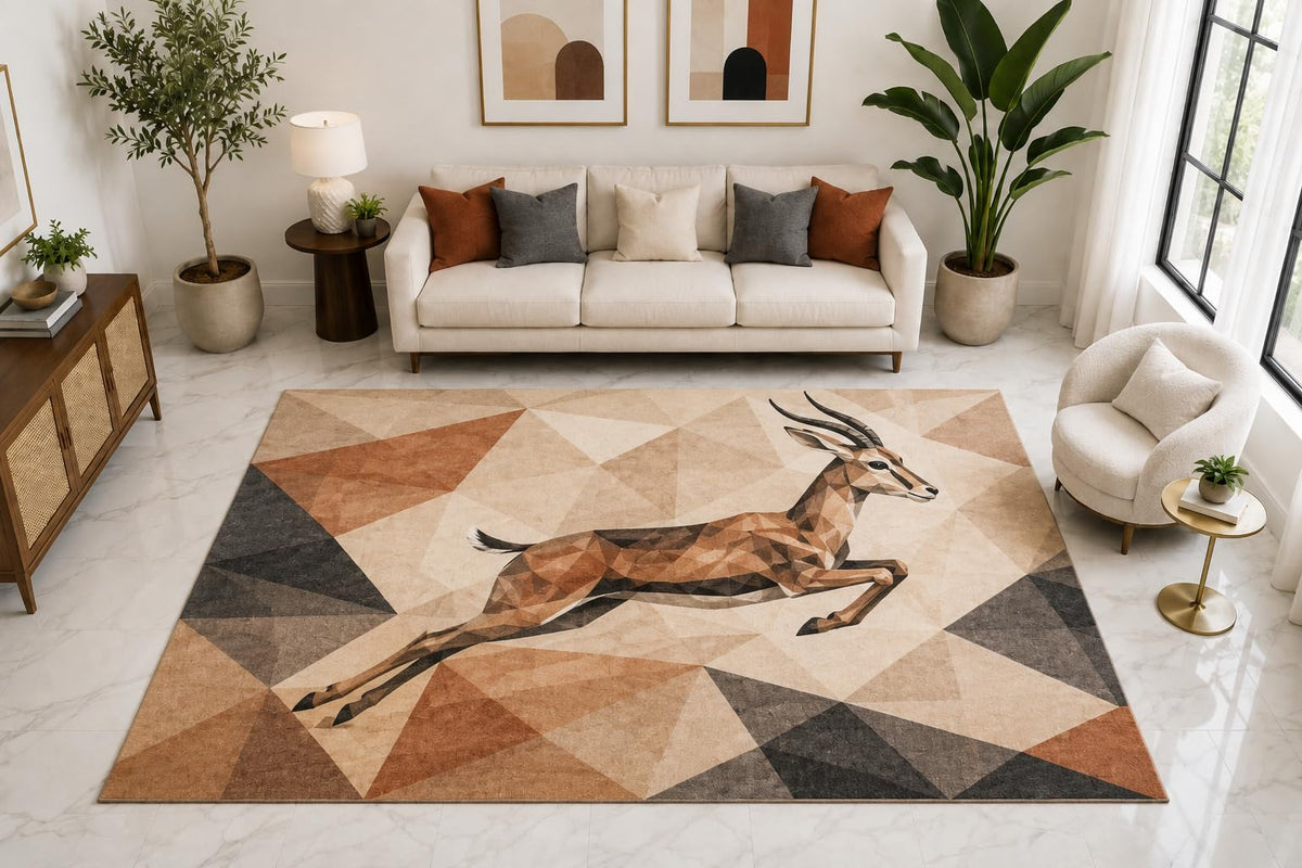 ICE ARMOR "Ultra Light Weight Large 6'7" x 9'10" Running Gazelle Area Rug Carpet Soft Low Pile Indoor Rug and Non-Slip Silicone Backing Bedroom Brown