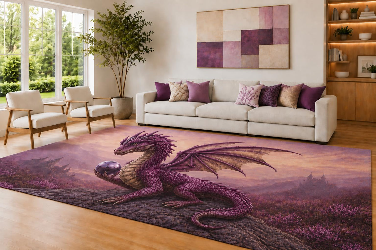 ICE ARMOR Large 6'7" x 9'10" Plum and Bronze Orb Dragon Area Rug for Living Room, Soft Low Pile Carpet with Non-Slip Silicone Backing, Decor for Bedroom and Home Office