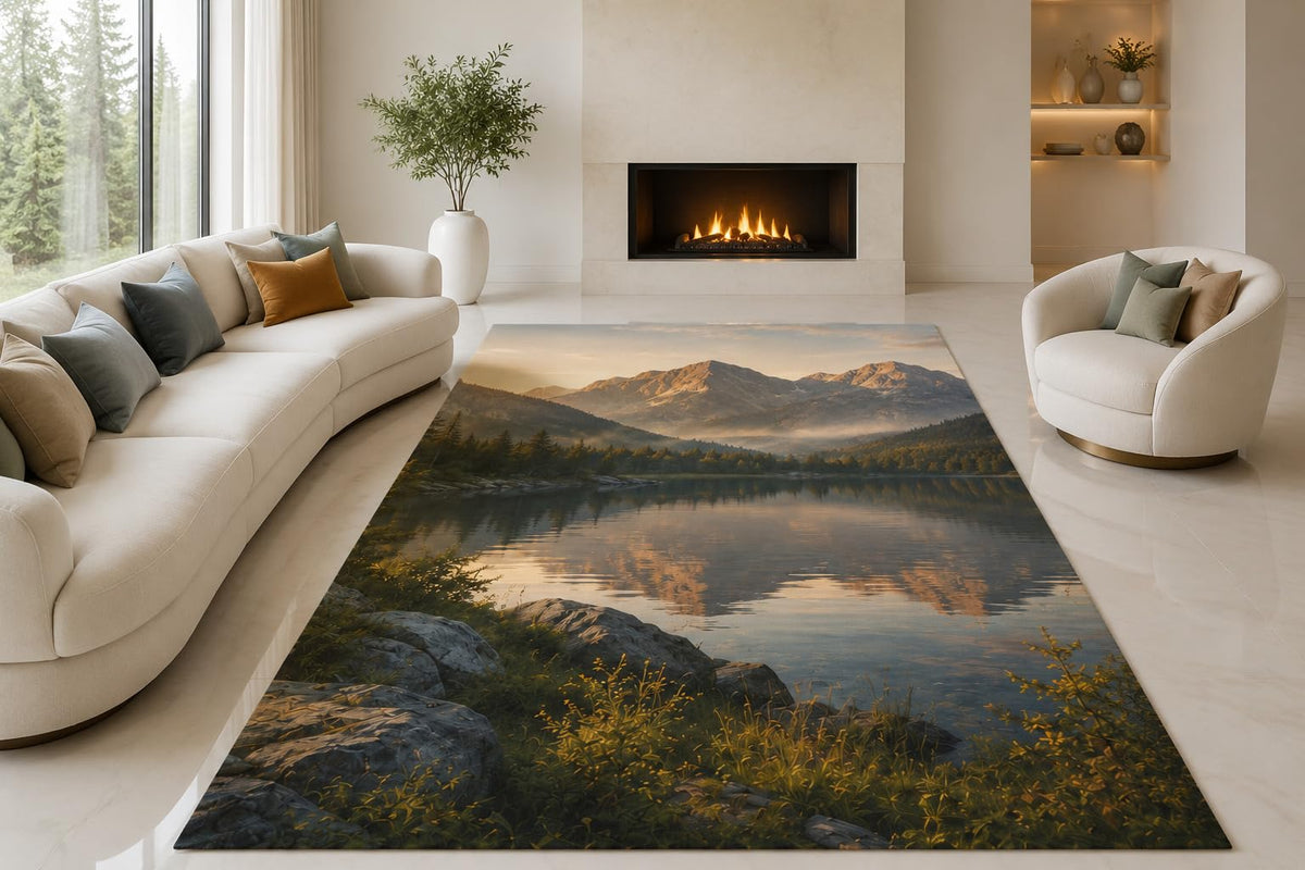 ICE ARMOR "Ultra Lightweight Large 6'7" x 9'10" Mountain Valley View Area Rug for Living Room, Bedroom and Home Office, Soft Low Pile Carpet with Non-Slip Silicone Backing, Green and Brown
