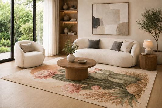 ICE ARMOR 6'7" x 9'10" Ivory Blush and Sage Cactus Area Rug with Pink Desert Flowers and Layered Succulent Forms, Soft Low Pile Non-Slip Indoor Carpet for Living Room and Bedroom