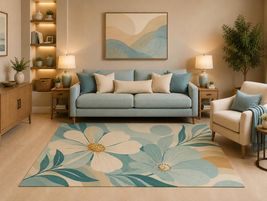ICE ARMOR 5' x 7' Scandinavian Blue Floral Area Rug Minimalist Botanical Flower Bloom Design for Living Room Bedroom Nursery Guest Room Home Decor Non-Slip Silicone Backing Low Pile