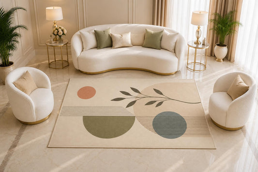 ICE ARMOR 5' x 7' Minimalist Botanical Area Rug, Modern Geometric Leaf Abstract Neutral Design for Living Room Bedroom Office Decor, Non-Slip Silicone Backing Low Pile