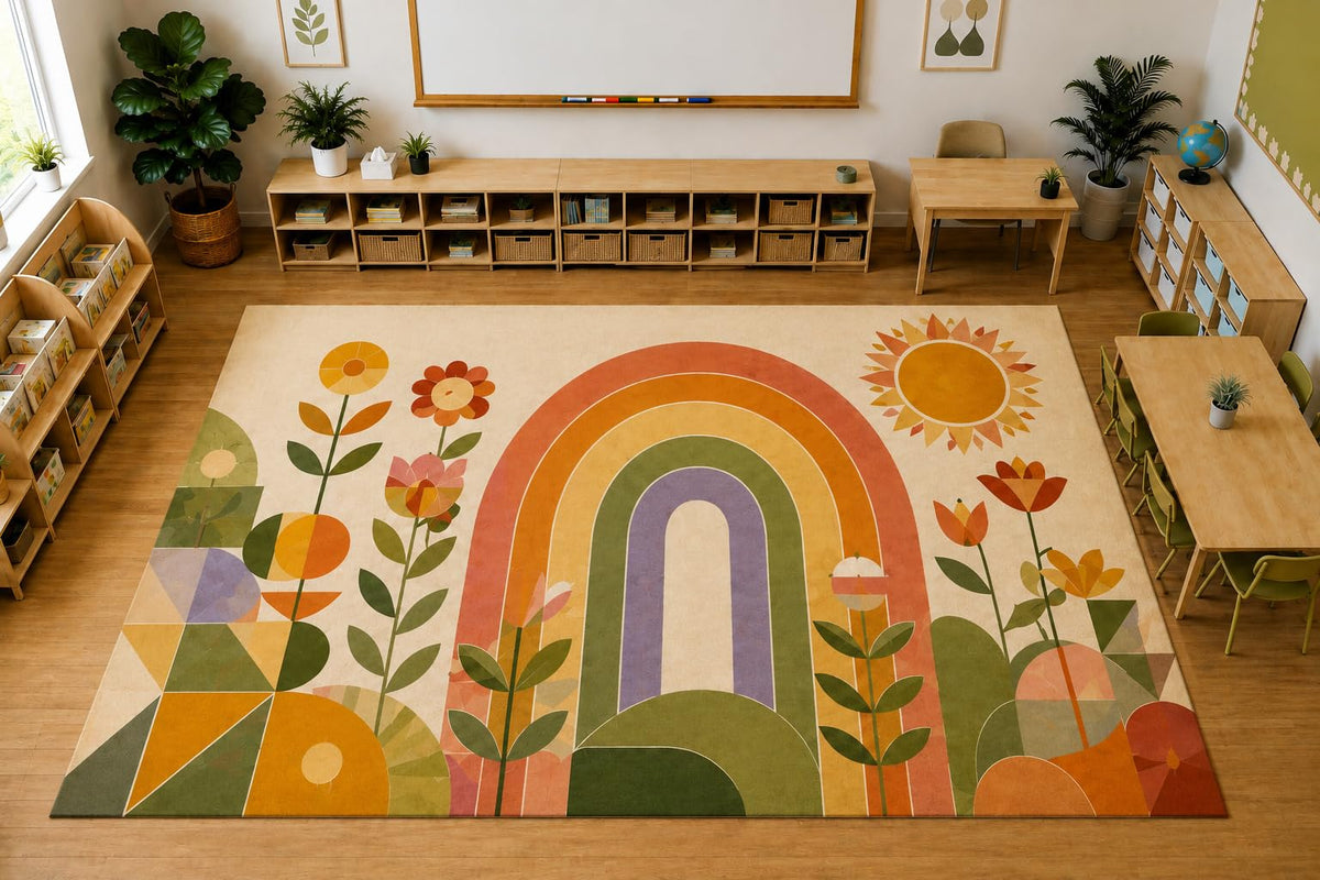 ICE ARMOR Large 6'7" x 9'10" Boho Rainbow Floral Area Rug, Soft Low Pile Indoor Rug with Non-Slip Silicone Backing for Nursery and Kids Room, Beige
