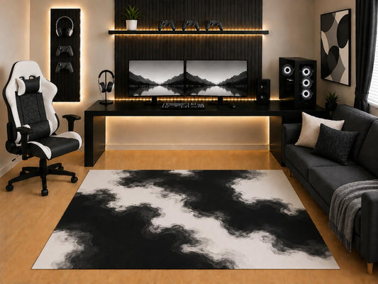 ICE ARMOR "Ultra Light Weight 5' x 7' Black White Marble Cloud Area Rug Modern Abstract Ink Wash Design for Bedroom Gaming Room Living Room Non-Slip Silicone Backing Low Pile