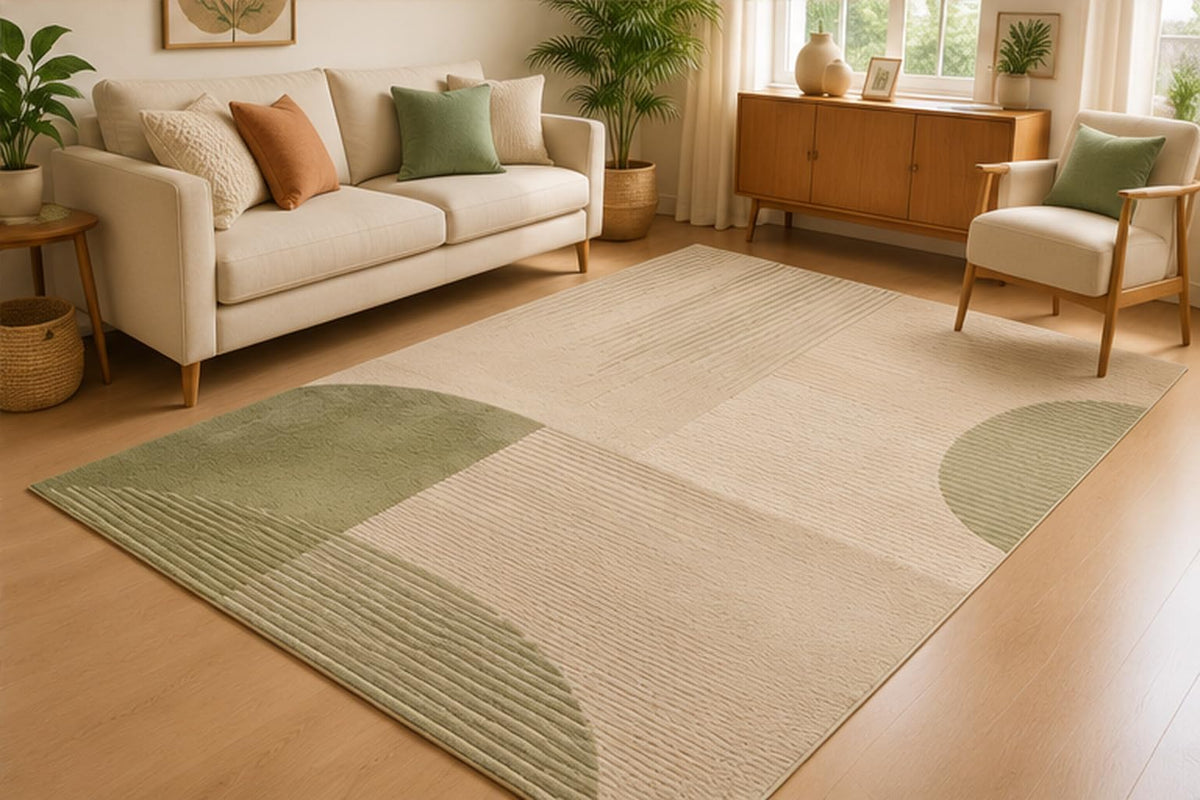 ICE ARMOR 5' x 7' Minimal Geometric Block Area Rug for Living Room, Soft Low Pile Indoor Rug with Non-Slip Silicone Backing, Scandinavian Carpet for Bedroom, Dining Room, Office, Sage Green Beige