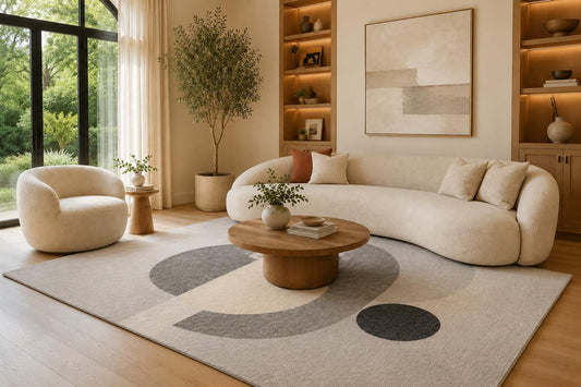 ICE ARMOR 6'7" x 9'10" Gray and Beige Layered Circle Area Rug for Living Room, Soft Low Pile Carpet with Non-Slip Silicone Backing, Floor Decor for Bedroom, Dining Area and Home Office