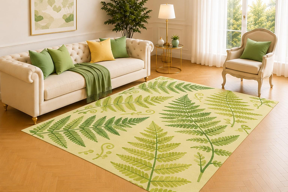 ICE ARMOR 5' x 7' Botanical Fern Area Rug, Modern Green Fern Leaf Pattern on Cream Background, Soft Low Pile Carpet for Living Room Bedroom Office Nature Inspired Decor