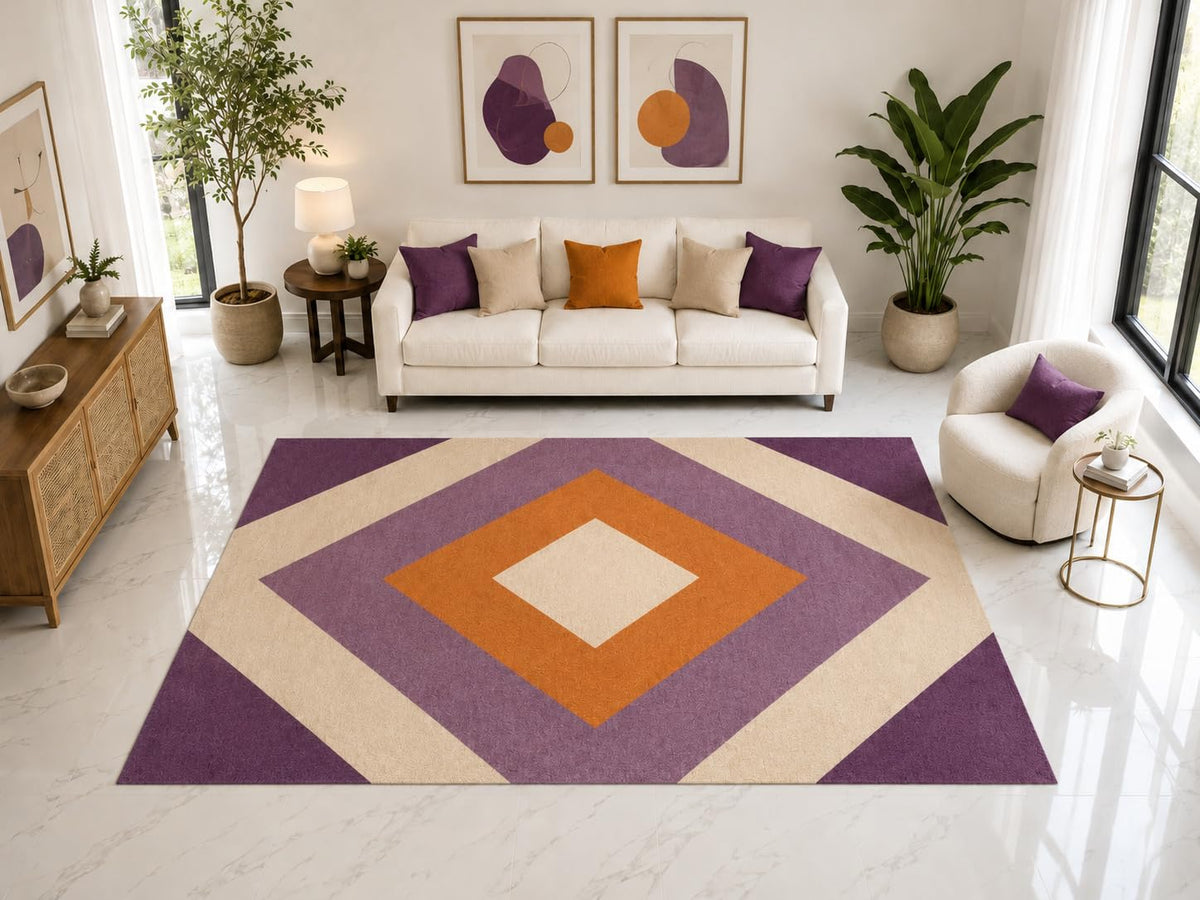 ICE ARMOR "Ultra Light Weight Large 6'7" x 9'10" Purple Orange Diamond Rug, Soft Low Pile Indoor Rug, Non-Slip Silicone Backing for Bedroom Purple