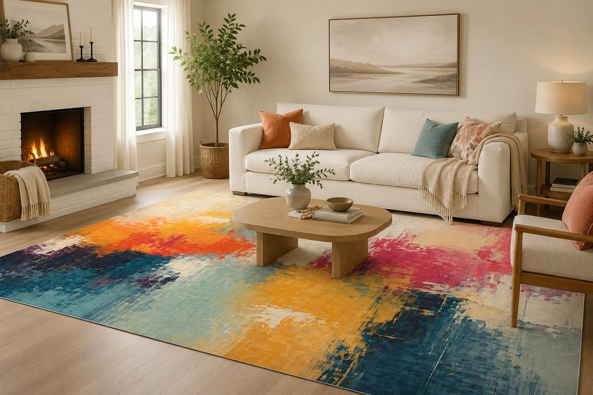 ICE ARMOR 6'7" x 9'10" Orange, Teal and Pink Vibrant Painted Blocks Area Rug for Living Room, Soft Low Pile with Non-Slip Backing, Bedroom, Dining Area and Office Decor