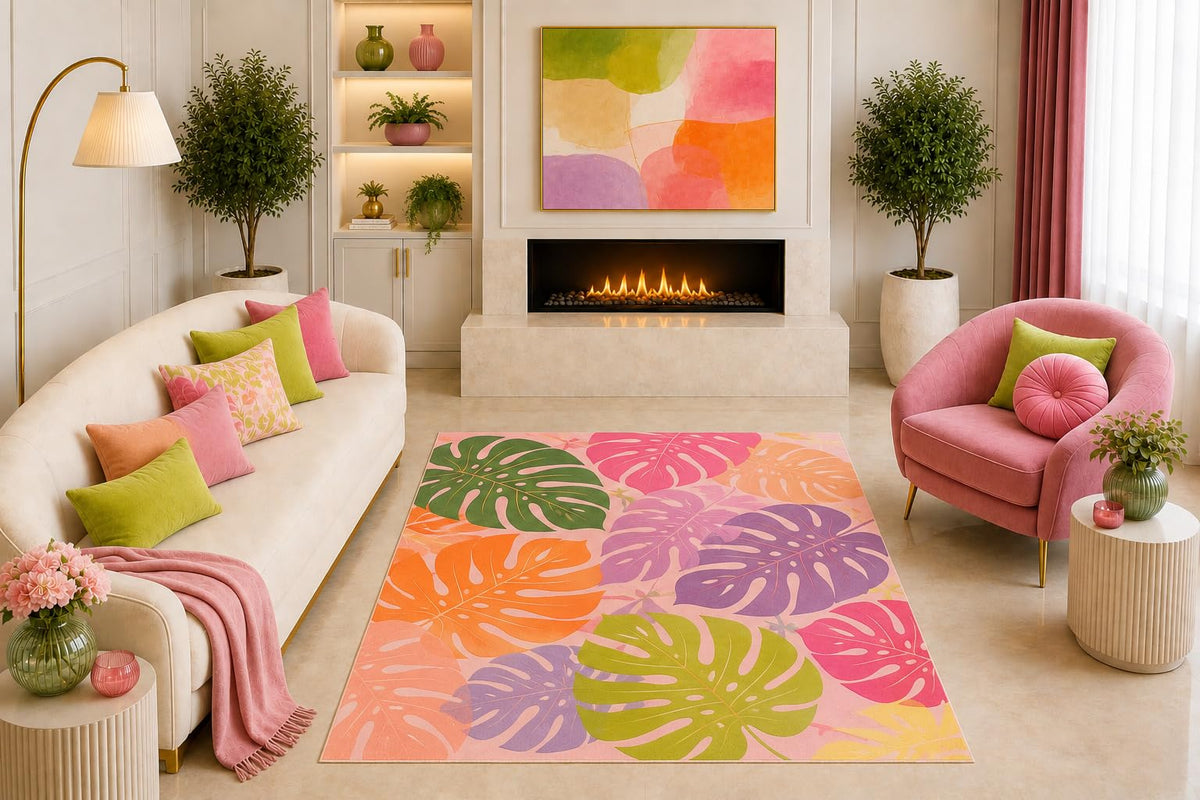 ICE ARMOR "Ultra Light Weight 5' x 7' Pastel Monstera Leaf Area Rug Colorful Tropical Botanical Art for Living Room Bedroom Girls Room Sunroom Non-Slip Silicone Backing Low Pile