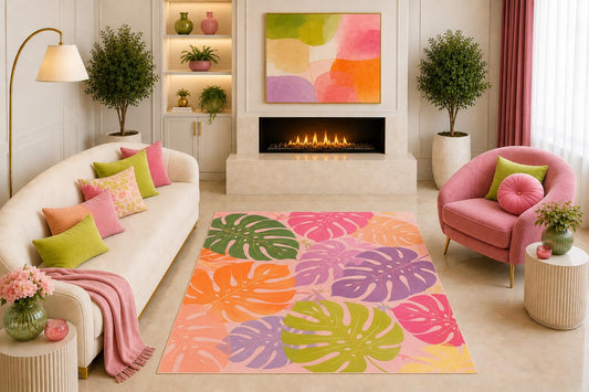 ICE ARMOR "Ultra Light Weight 5' x 7' Pastel Monstera Leaf Area Rug Colorful Tropical Botanical Art for Living Room Bedroom Girls Room Sunroom Non-Slip Silicone Backing Low Pile