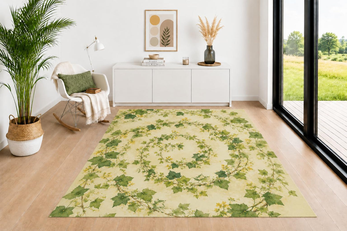 ICE ARMOR 5' x 7' Ivy Vine Pattern Area Rug for Living Room, Soft Low Pile Indoor Rug with Non-Slip Backing, Botanical Carpet for Bedroom, Dining Room, Office, Light Green