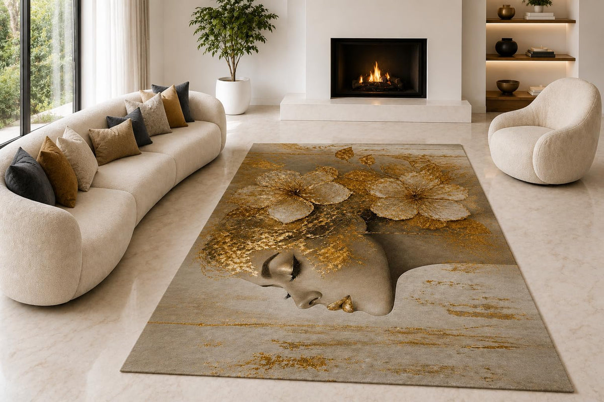 ICE ARMOR "Ultra Lightweight Large 6'7" x 9'10" Floral Face Area Rug for Living Room, Bedroom and Home Office, Soft Low Pile Carpet with Non-Slip Silicone Backing, Beige and Golden Color