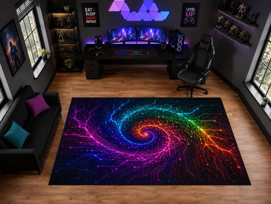 ICE ARMOR "Ultra Light Weight Large 6'7" x 9'10" Rainbow Circuit Spiral Pattern Area Rug for Playroom Decor, Soft Low Pile Indoor Rug with Non-Slip Silicone Backing, Black Multicolor