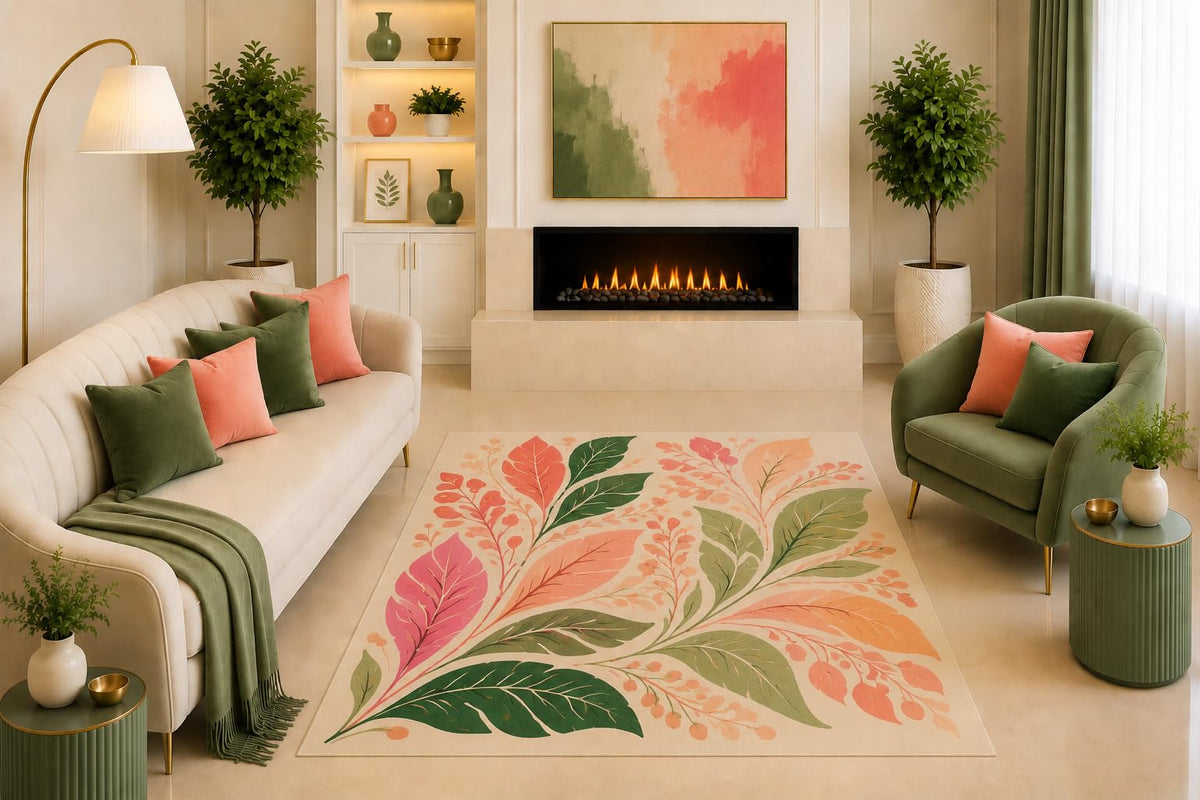 ICE ARMOR "Ultra Light Weight 5' x 7' Pink Green Botanical Leaf Area Rug Watercolor Floral Branch Art for Living Room Bedroom Nursery Entryway Non-Slip Silicone Backing Low Pile