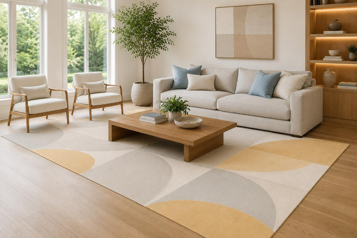 ICE ARMOR Large 6'7" x 9'10" Mustard and Ivory Overlapping Arches Area Rug for Living Room, Soft Low Pile Carpet with Non-Slip Silicone Backing, Decor for Bedroom, Dining Area and Home Office